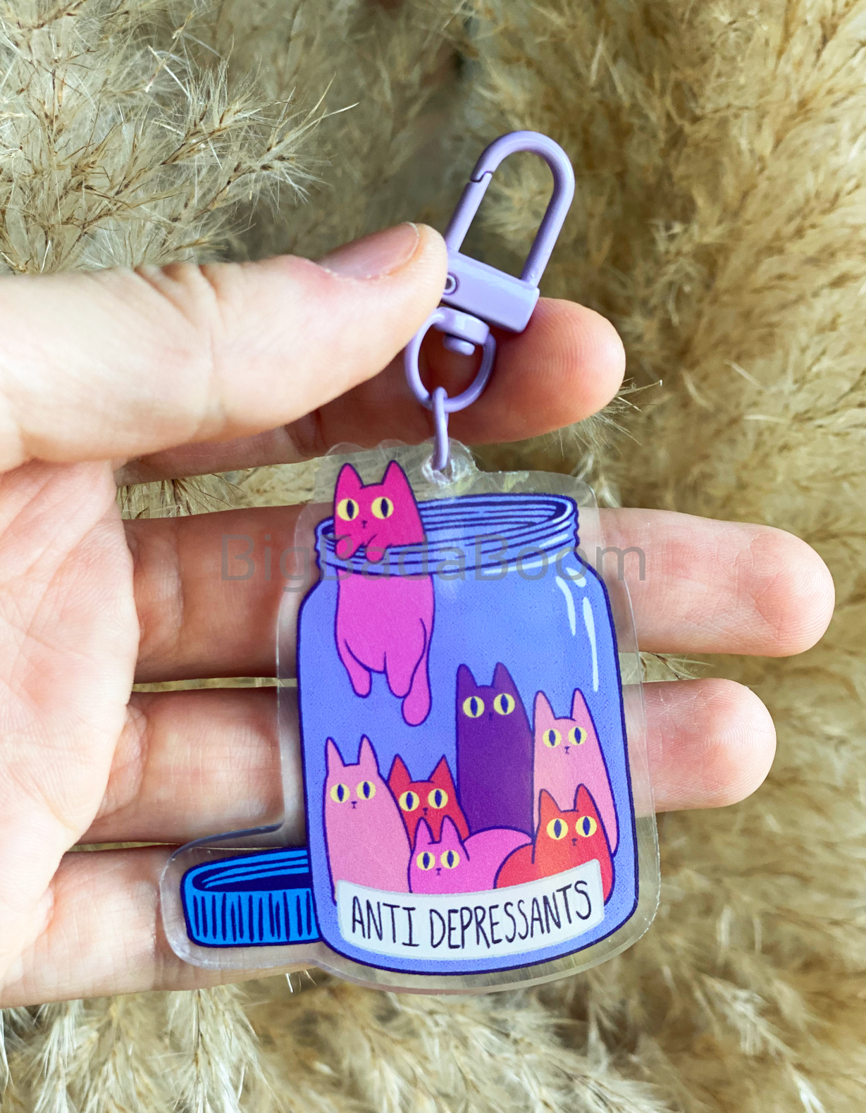 Double Sided Antidepressant Cat Acrylic Clear Keychain