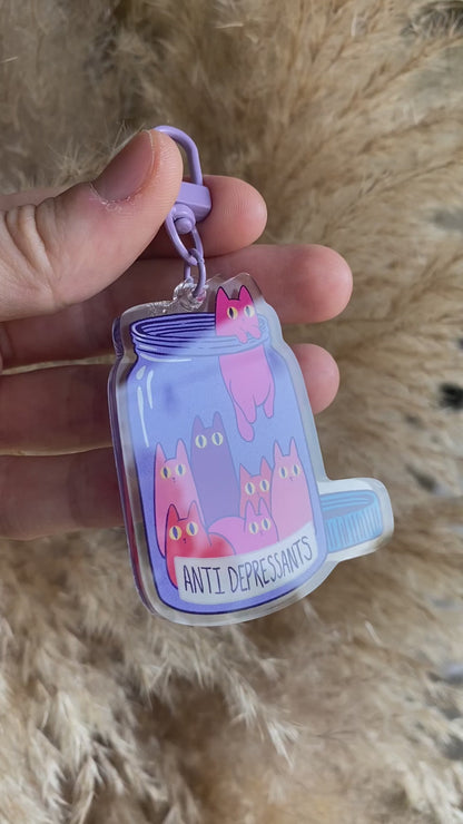 Double Sided Antidepressant Cat Acrylic Clear Keychain