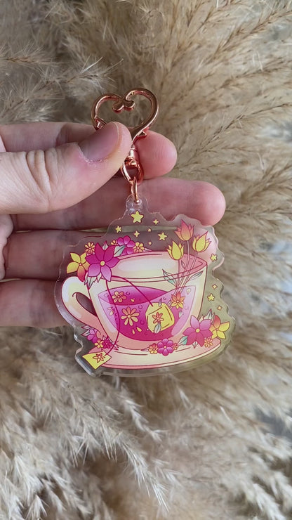 Double Sided Floral Tea Acrylic Clear Keychain