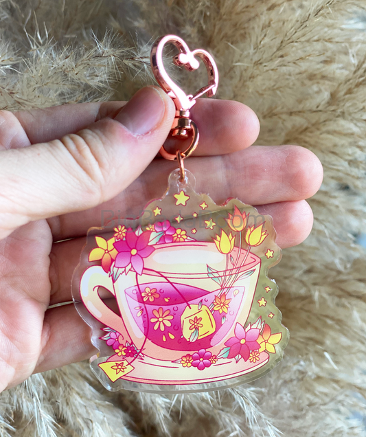 Double Sided Floral Tea Acrylic Clear Keychain